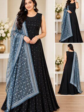 Black Indian Ethnic Dress with Blue Gray Dupatta – Women’s Size M